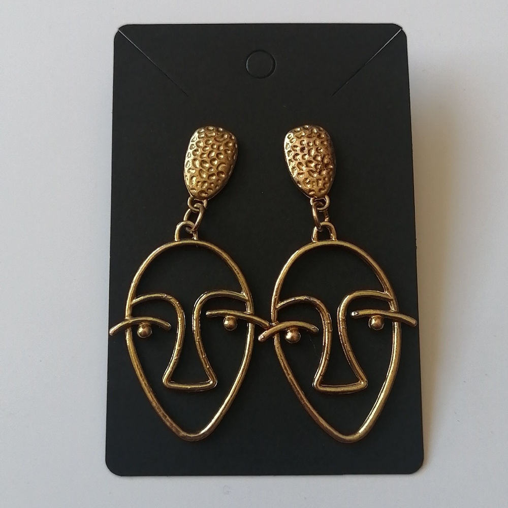 Abstract Face Mask Bronze Tone Dangle Earrings